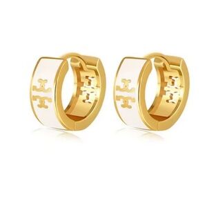 NEW! Tory Burch Gold and White Logo Hoop Earrings